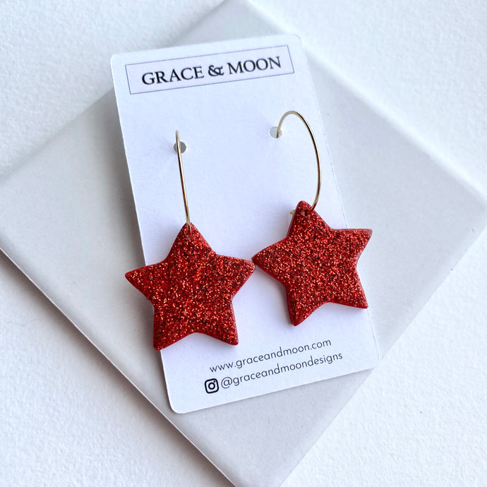 Red Sparkly Star Hoops