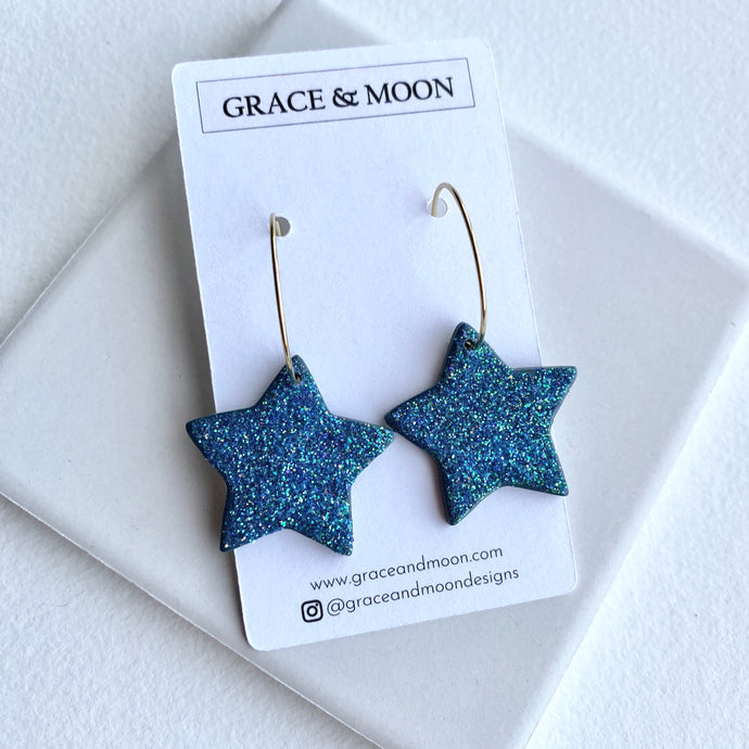 Blue Sparkly Star Hoops