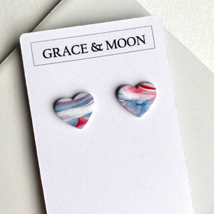 Marble Red White and Blue Heart Studs