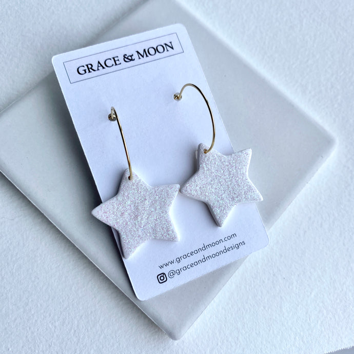 White Sparkly Star Hoops