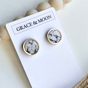 Circle Gold Rimmed Studs (White Marble)