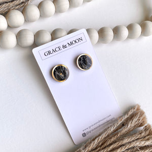 Circle Gold Rimmed Studs (Black Marble)