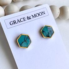Load image into Gallery viewer, Hexagon Gold Rimmed Studs (Turquoise Marble)
