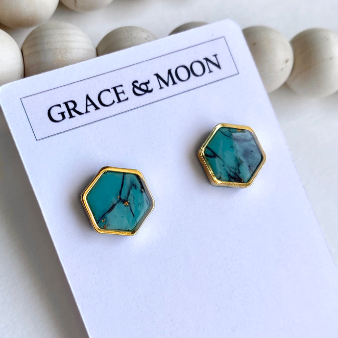 Hexagon Gold Rimmed Studs (Turquoise Marble)