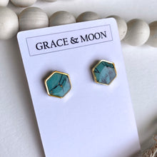 Load image into Gallery viewer, Hexagon Gold Rimmed Studs (Turquoise Marble)
