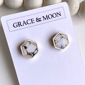 Hexagon Gold Rimmed Studs (White Marble)