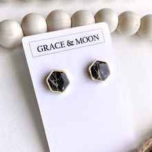 Load image into Gallery viewer, Hexagon Gold Rimmed Studs (Black Marble)
