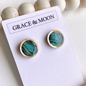 Circle Gold Rimmed Studs (Turquoise Marble)