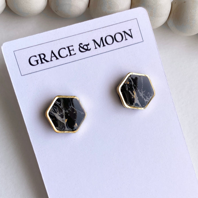 Hexagon Gold Rimmed Studs (Black Marble)