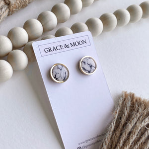 Circle Gold Rimmed Studs (White Marble)
